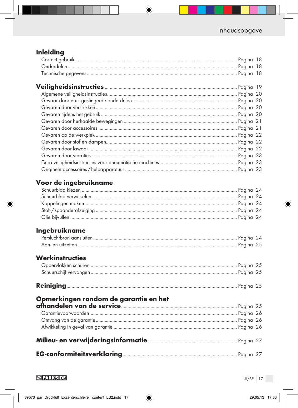 Inhoudsopgave | Parkside PDEXS 150 A1 User Manual | Page 17 / 51