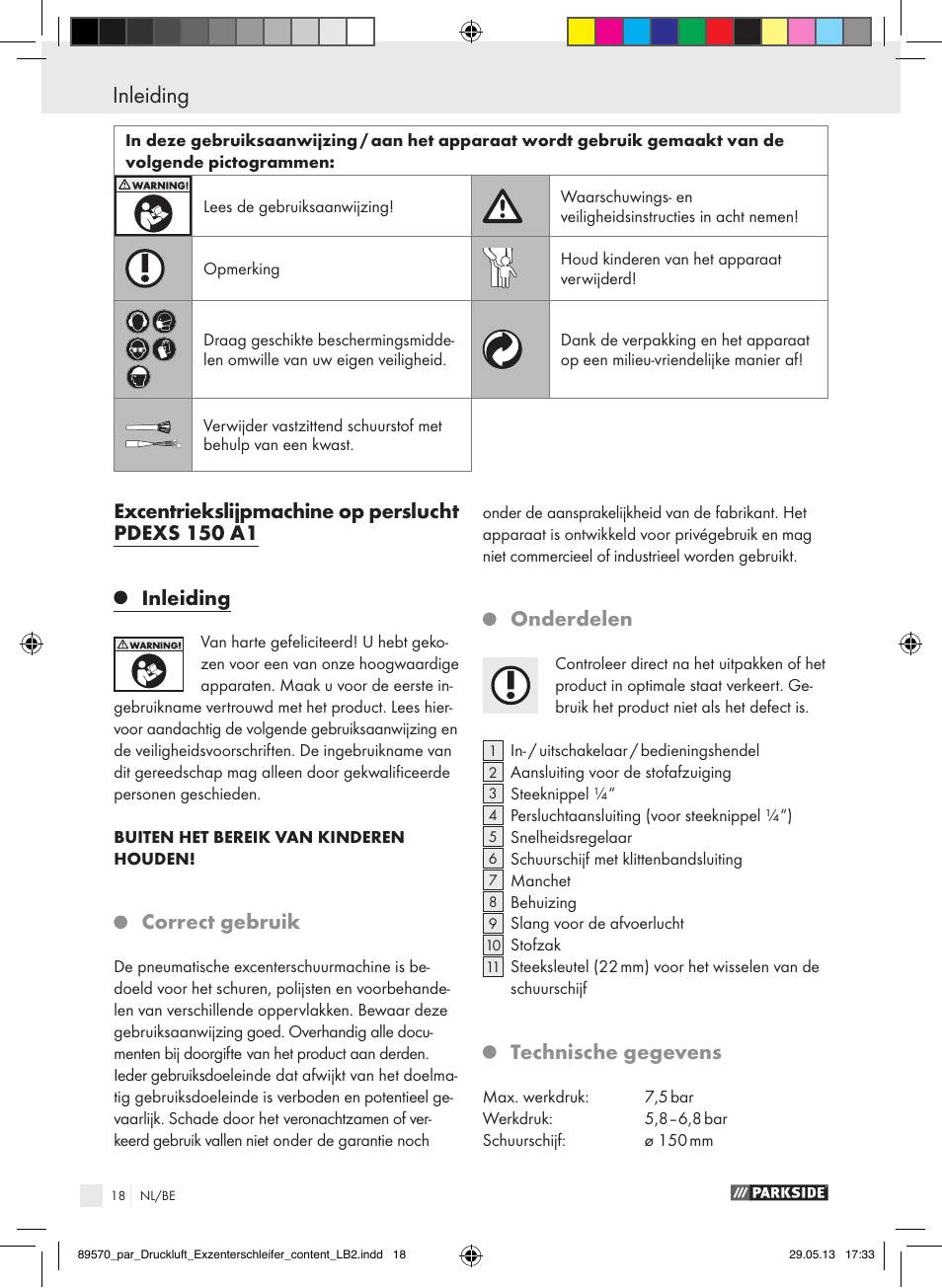 Inleiding / veiligheidsinstructies inleiding, Excentriekslijpmachine op perslucht pdexs 150 a1, Inleiding | Correct gebruik, Onderdelen, Technische gegevens | Parkside PDEXS 150 A1 User Manual | Page 18 / 51