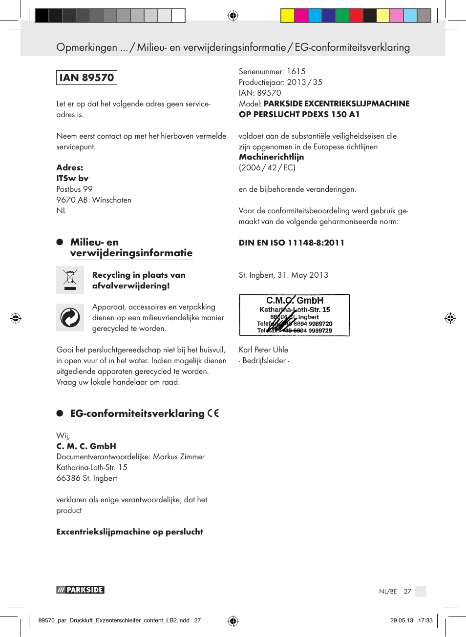 Milieu- en verwijderingsinformatie, Eg-conformiteitsverklaring | Parkside PDEXS 150 A1 User Manual | Page 27 / 51