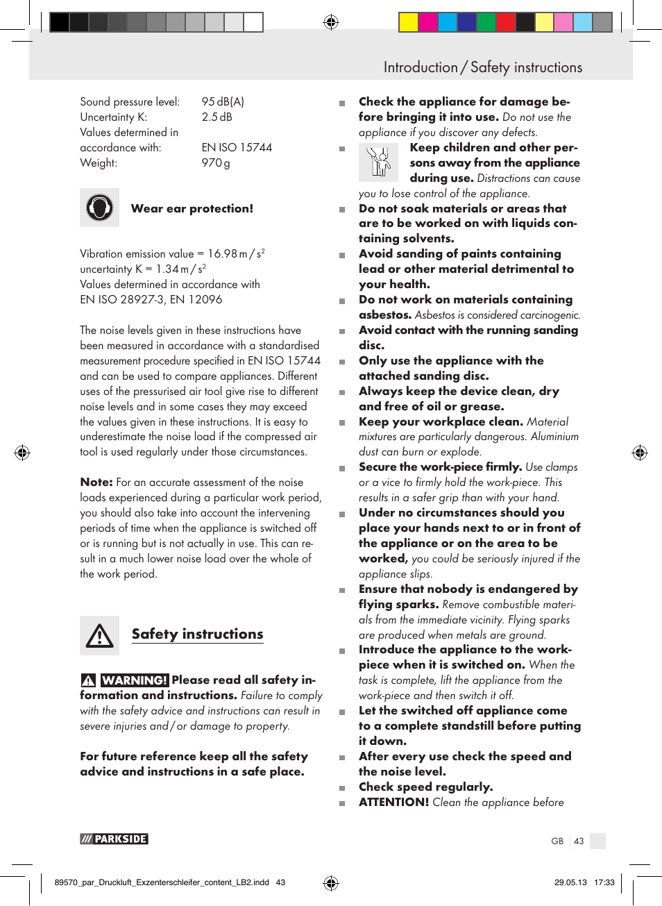 Introduction introduction / safety instructions, Safety instructions | Parkside PDEXS 150 A1 User Manual | Page 43 / 51