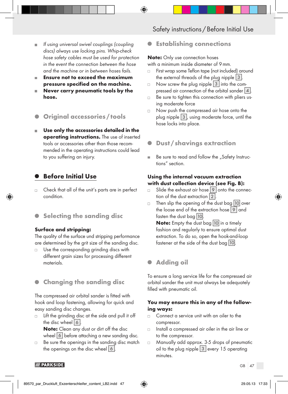 Original accessories / tools, Before initial use, Selecting the sanding disc | Changing the sanding disc, Establishing connections, Dust / shavings extraction, Adding oil | Parkside PDEXS 150 A1 User Manual | Page 47 / 51