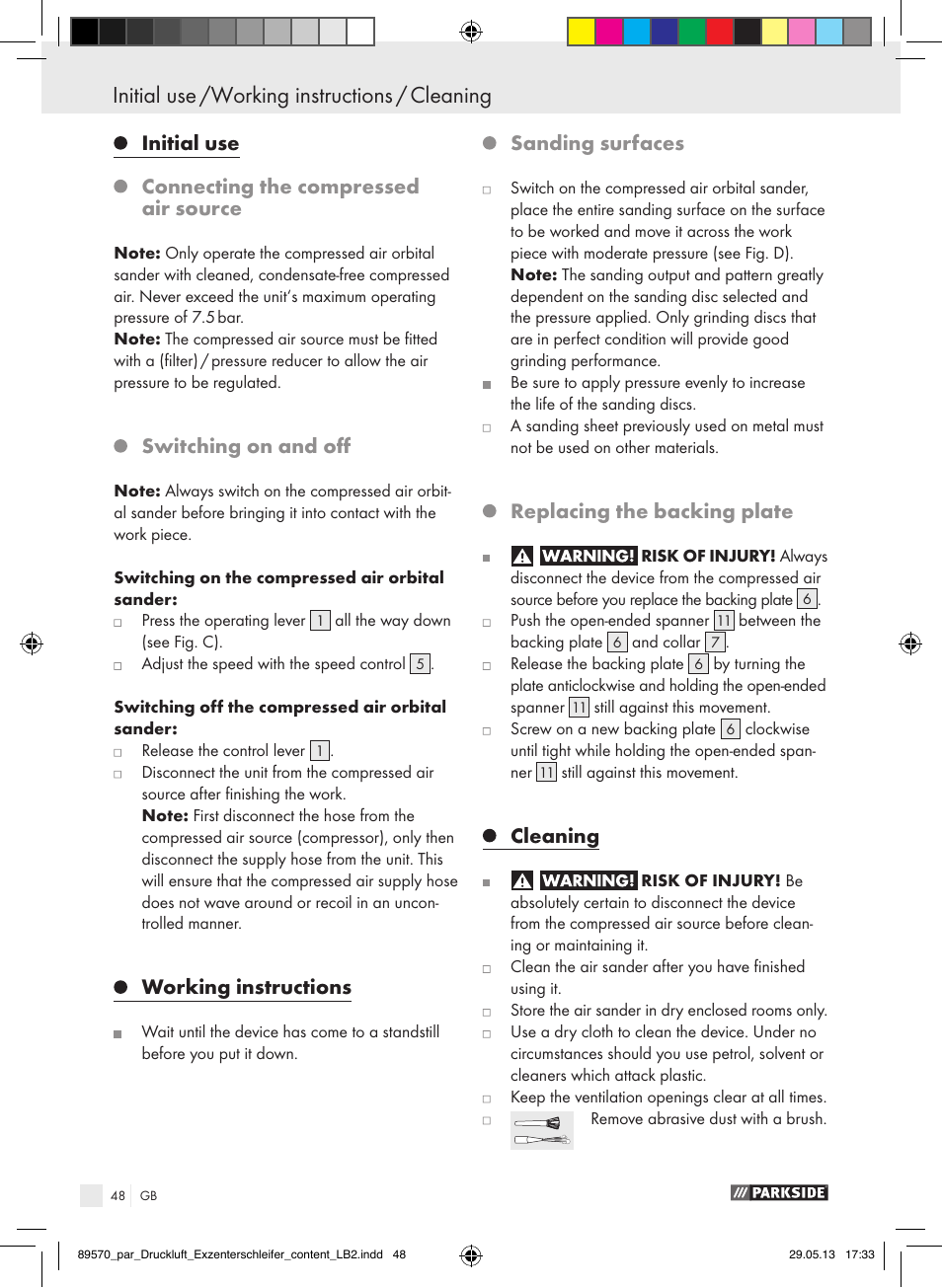 Initial use connecting the compressed air source, Switching on and off, Working instructions | Sanding surfaces, Replacing the backing plate, Cleaning | Parkside PDEXS 150 A1 User Manual | Page 48 / 51