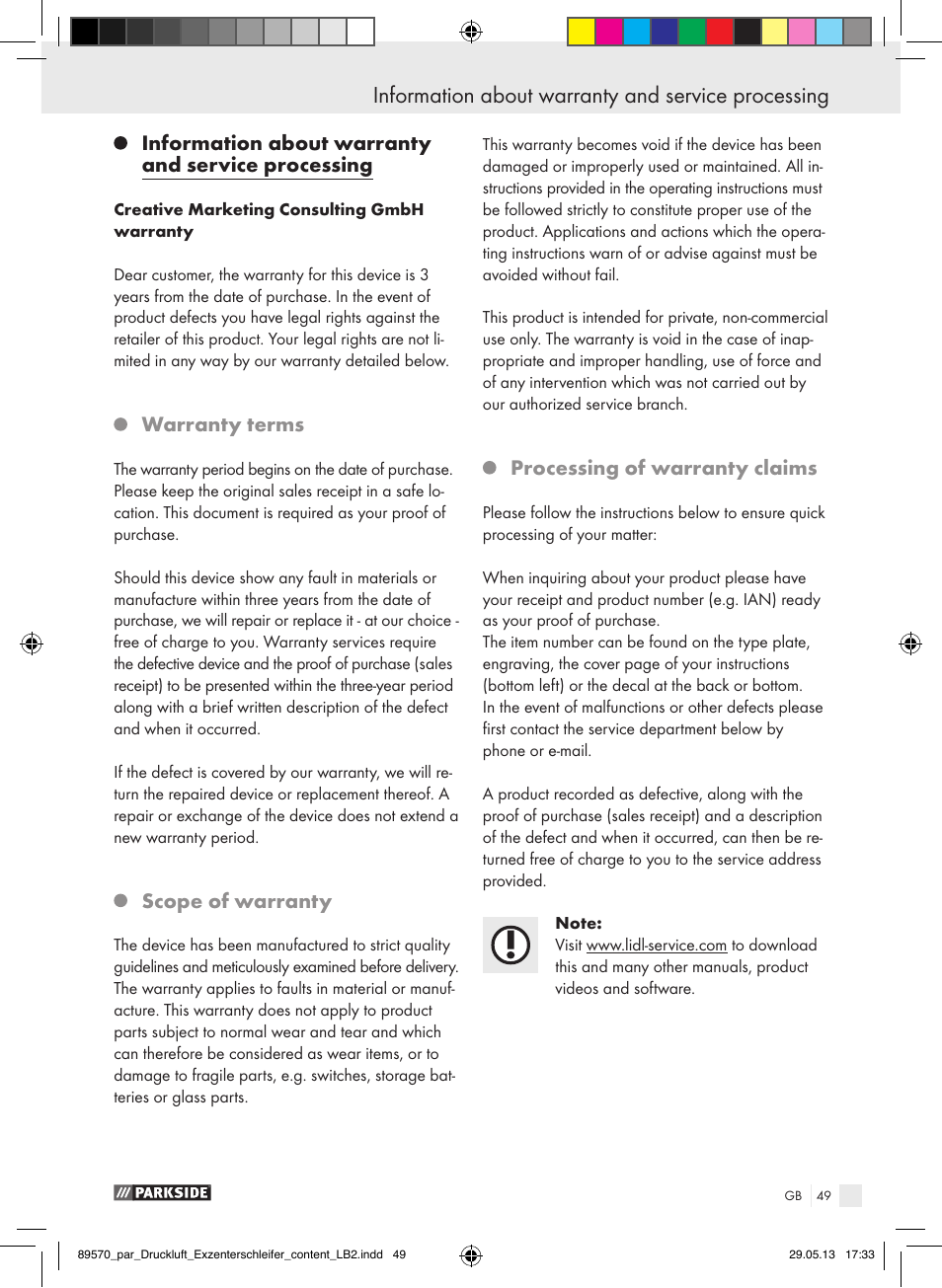 Information about warranty and service processing, Warranty terms, Scope of warranty | Processing of warranty claims | Parkside PDEXS 150 A1 User Manual | Page 49 / 51