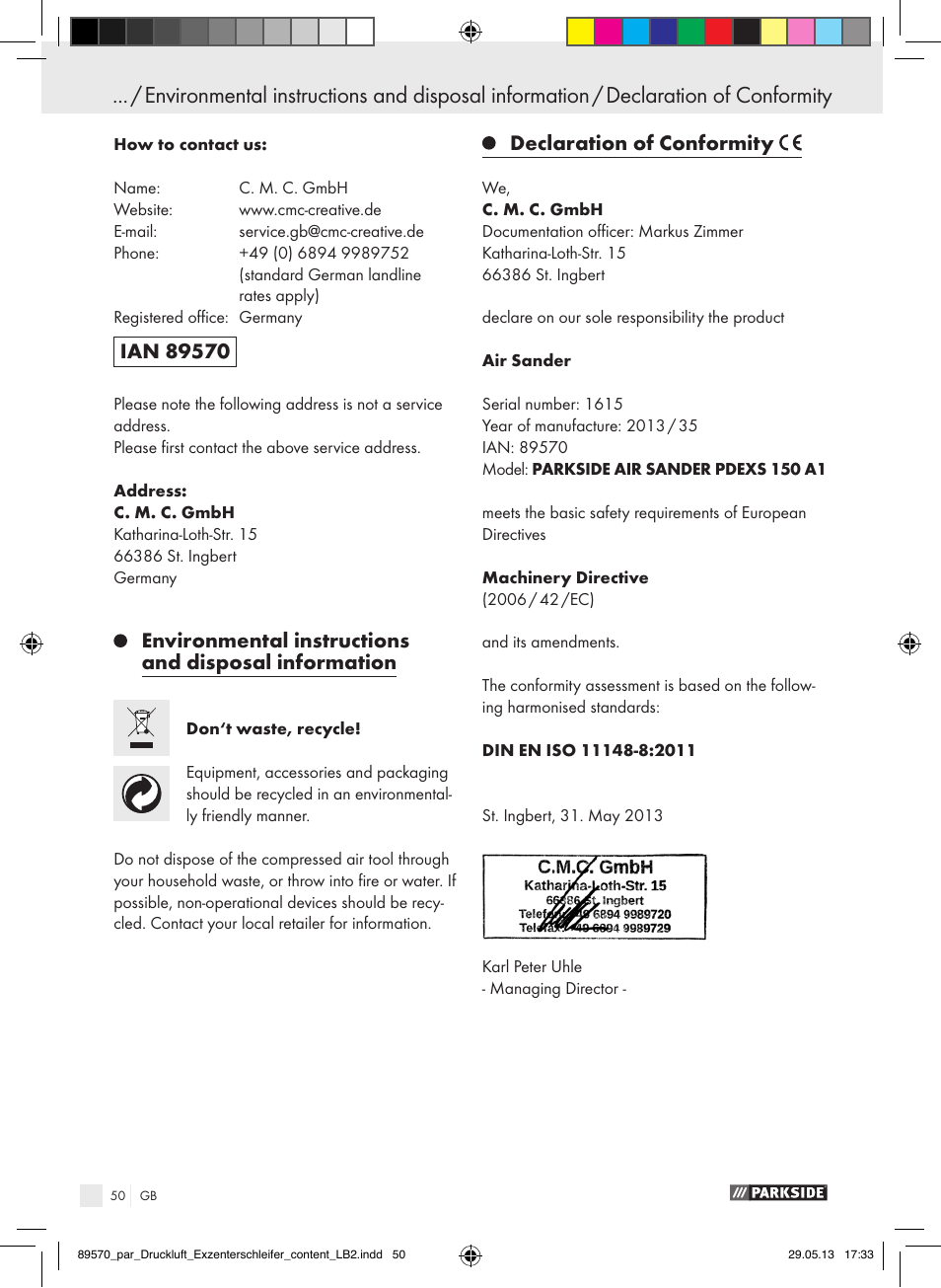 Declaration of conformity | Parkside PDEXS 150 A1 User Manual | Page 50 / 51