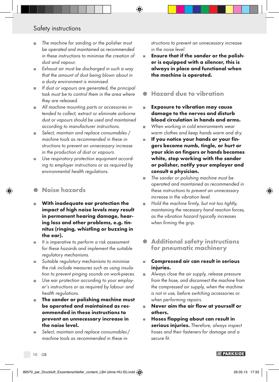 Noise hazards, Hazard due to vibration | Parkside PDEXS 150 A1 User Manual | Page 10 / 60