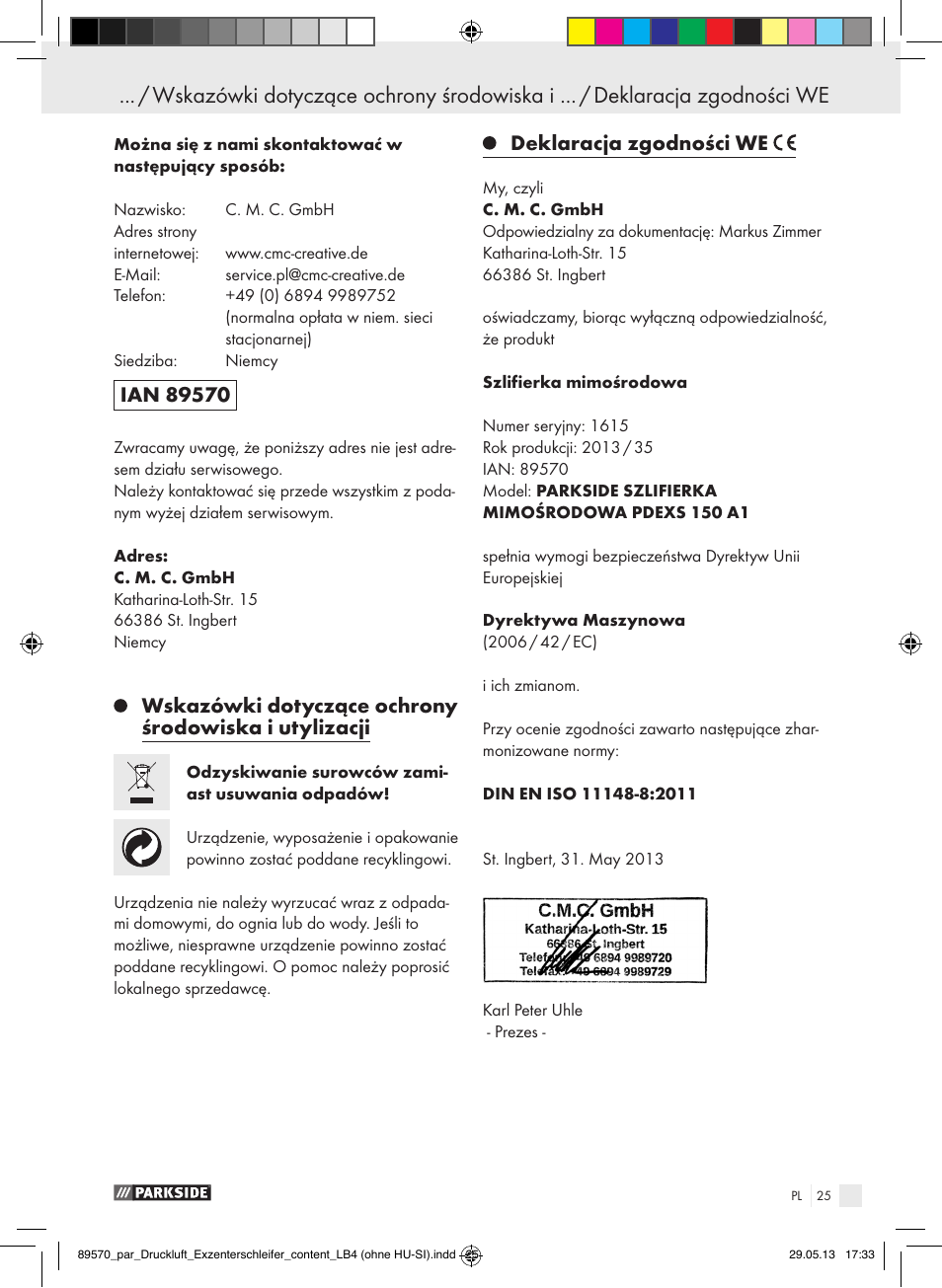 Deklaracja zgodności we | Parkside PDEXS 150 A1 User Manual | Page 25 / 60