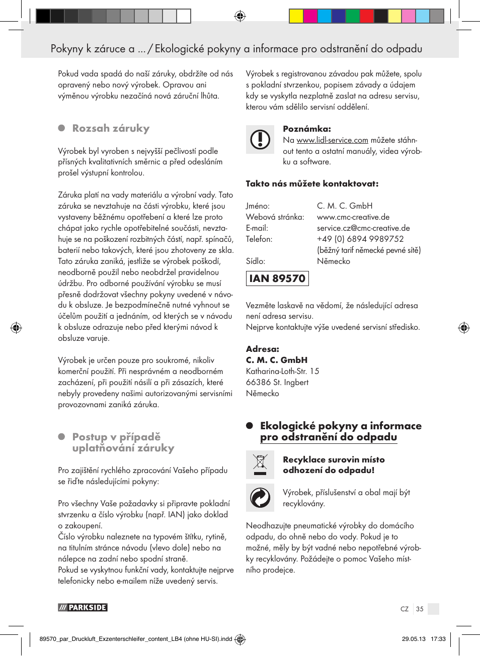 Rozsah záruky, Postup v případě uplatňování záruky | Parkside PDEXS 150 A1 User Manual | Page 35 / 60