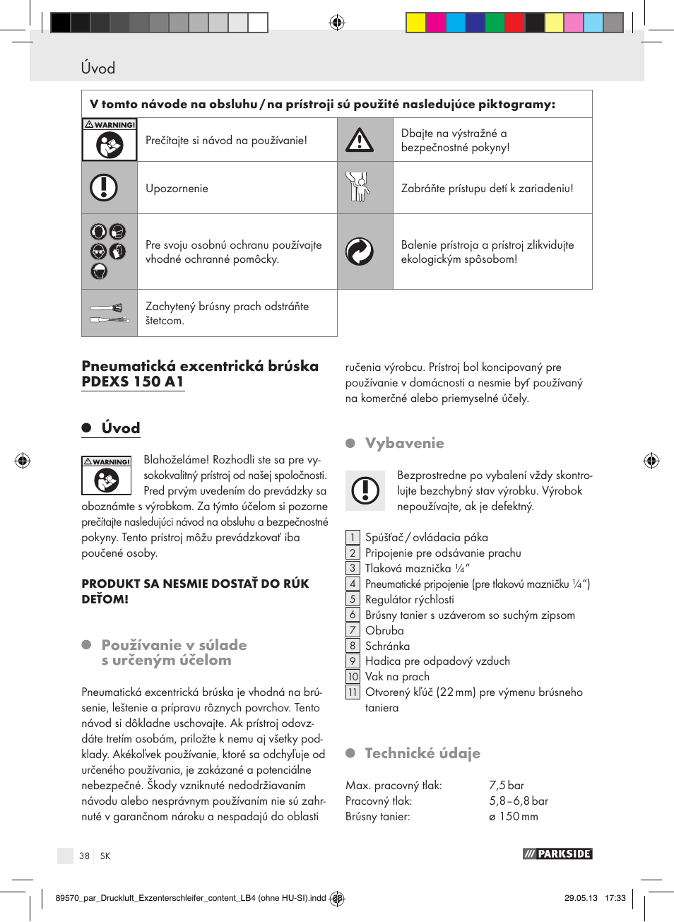 Úvod / bezpečnostné pokyny úvod, Pneumatická excentrická brúska pdexs 150 a1, Úvod | Používanie v súlade s určeným účelom, Vybavenie, Technické údaje | Parkside PDEXS 150 A1 User Manual | Page 38 / 60