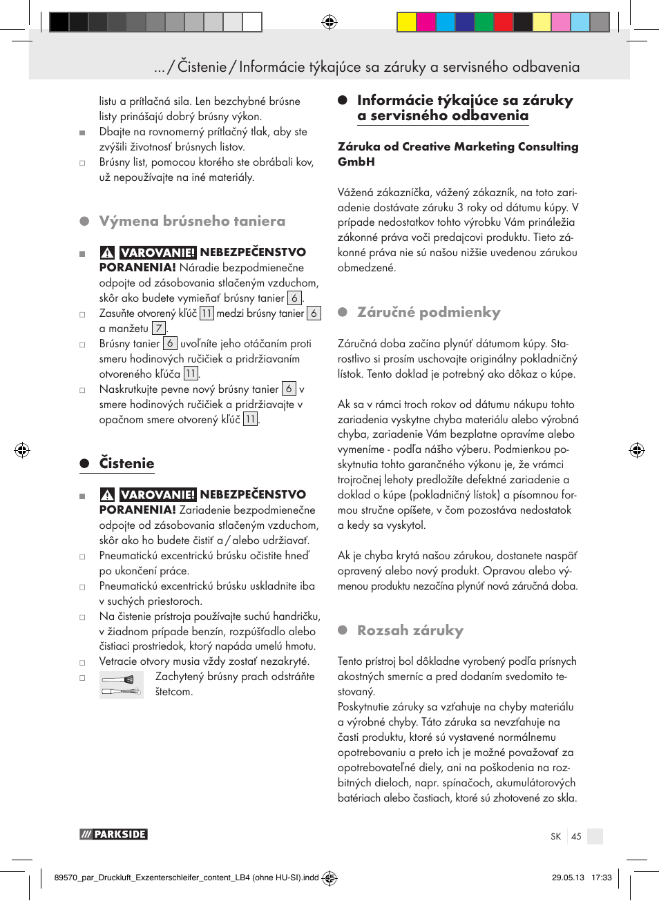 Výmena brúsneho taniera, Čistenie, Záručné podmienky | Rozsah záruky | Parkside PDEXS 150 A1 User Manual | Page 45 / 60