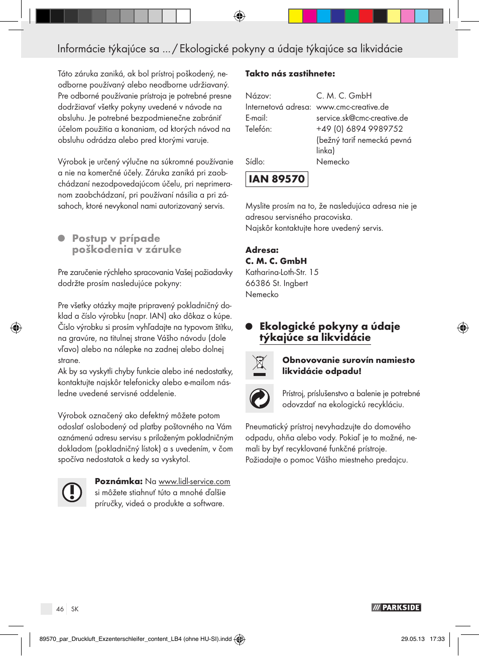 Postup v prípade poškodenia v záruke, Ekologické pokyny a údaje týkajúce sa likvidácie | Parkside PDEXS 150 A1 User Manual | Page 46 / 60
