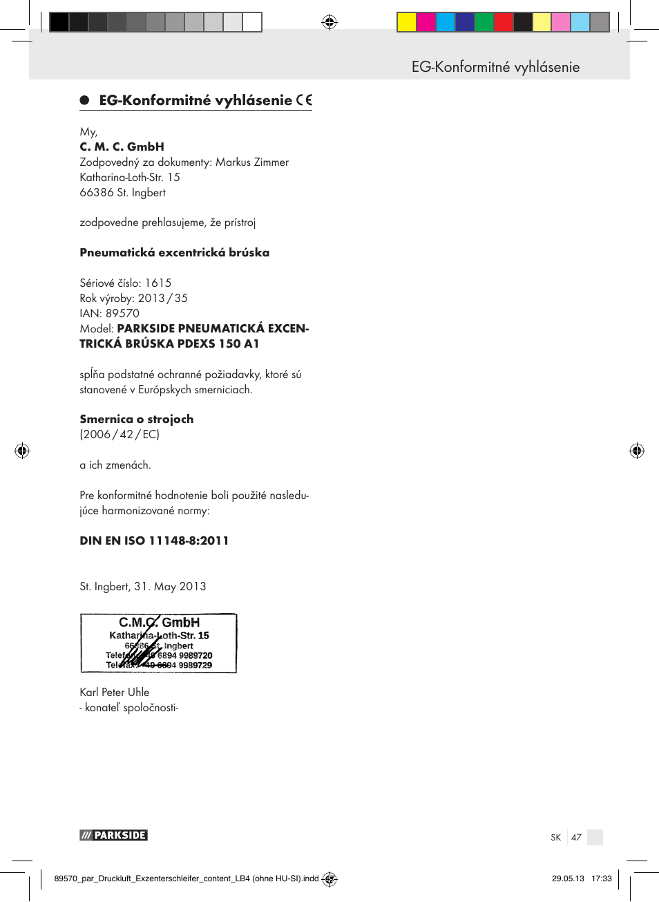 Eg-konformitné vyhlásenie | Parkside PDEXS 150 A1 User Manual | Page 47 / 60