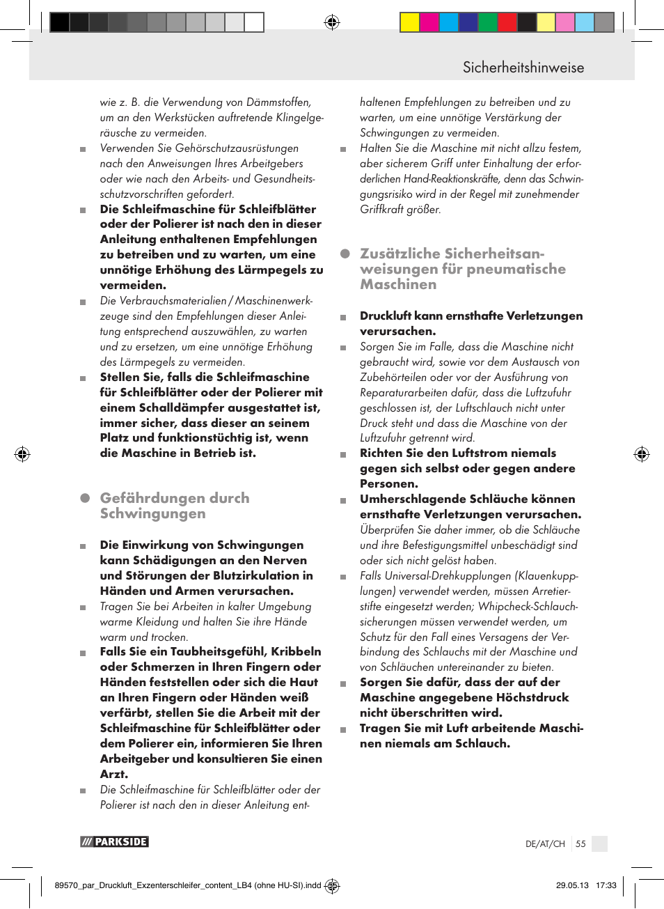 Sicherheitshinweise, Gefährdungen durch schwingungen | Parkside PDEXS 150 A1 User Manual | Page 55 / 60