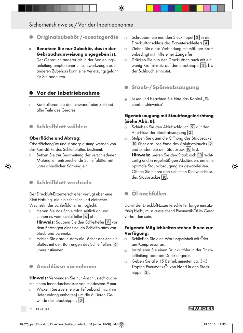 Originalzubehör / -zusatzgeräte, Vor der inbetriebnahme, Schleifblatt wählen | Schleifblatt wechseln, Anschlüsse vornehmen, Staub- / späneabsaugung, Öl nachfüllen | Parkside PDEXS 150 A1 User Manual | Page 56 / 60