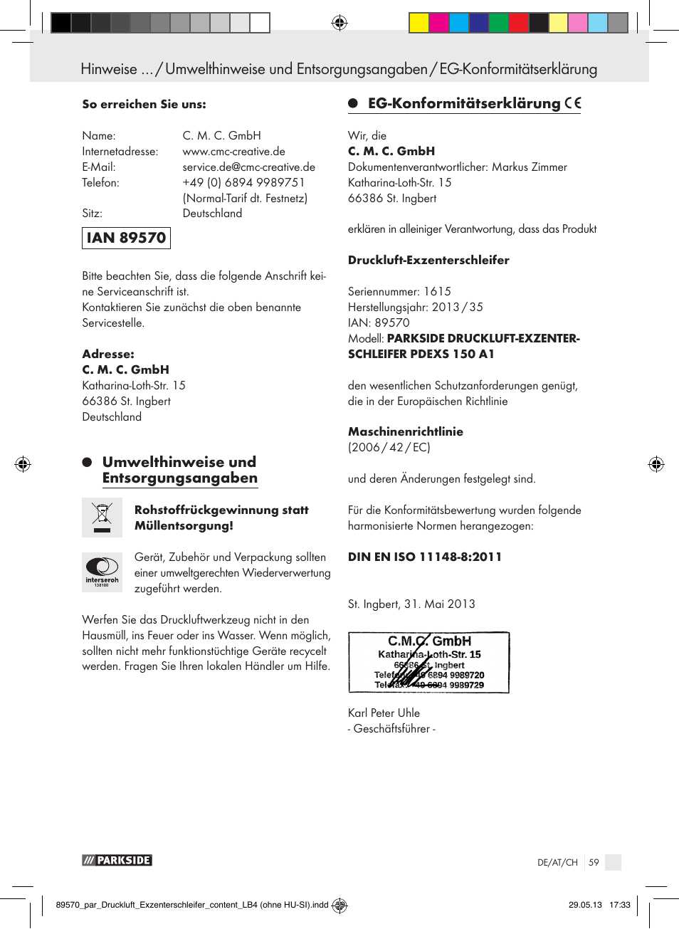 Umwelthinweise und entsorgungsangaben, Eg-konformitätserklärung | Parkside PDEXS 150 A1 User Manual | Page 59 / 60