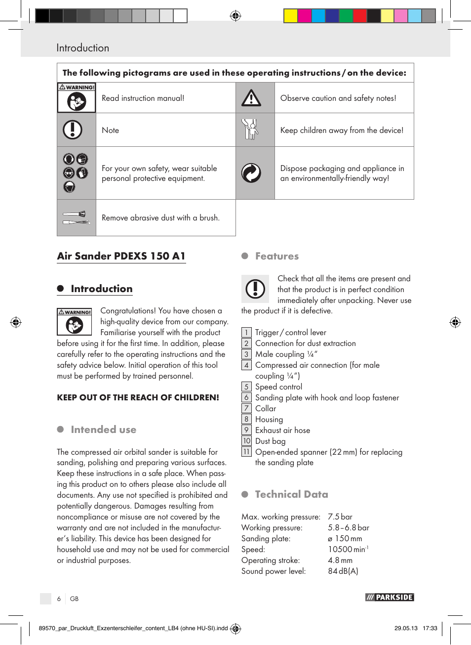 Introduction introduction / safety instructions, Air sander pdexs 150 a1, Introduction | Intended use, Features, Technical data | Parkside PDEXS 150 A1 User Manual | Page 6 / 60