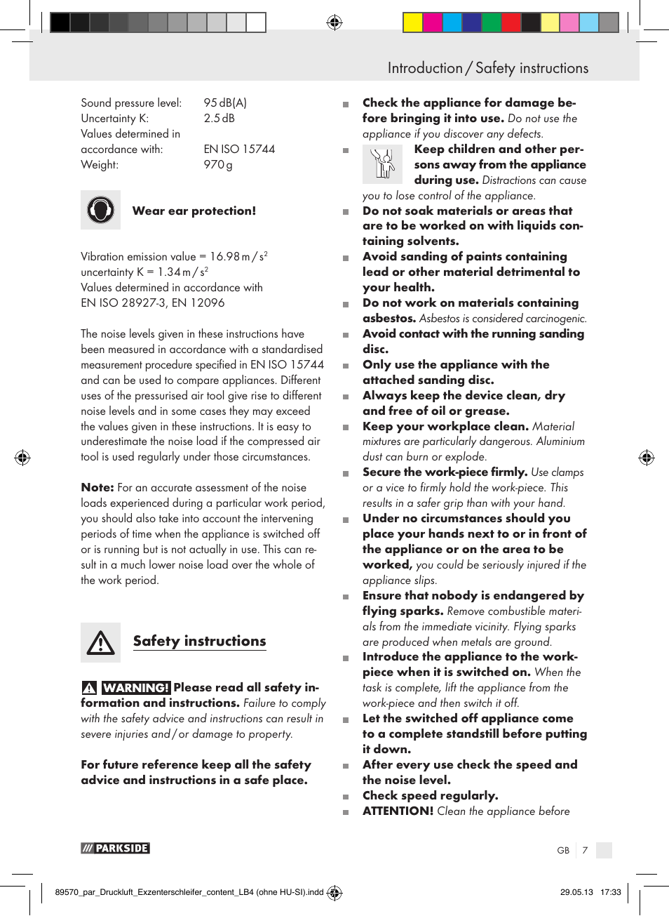 Introduction introduction / safety instructions, Safety instructions | Parkside PDEXS 150 A1 User Manual | Page 7 / 60