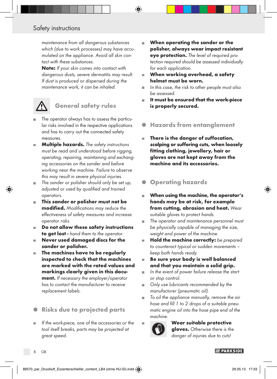Safety instructions, General safety rules, Risks due to projected parts | Hazards from entanglement, Operating hazards | Parkside PDEXS 150 A1 User Manual | Page 8 / 60