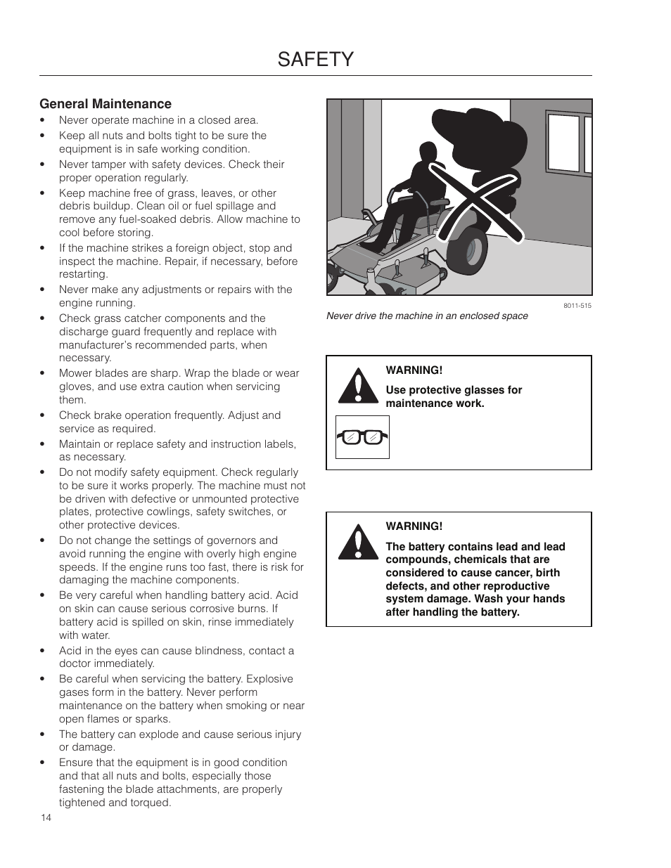 General maintenance, Safety | Dixon Ram Ultra 966985402 User Manual | Page 14 / 64