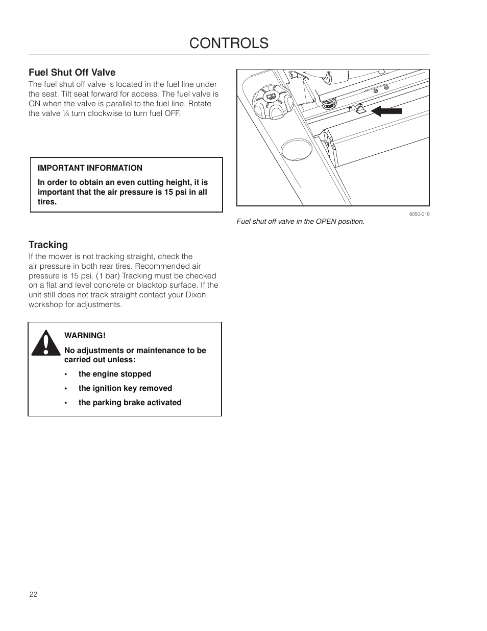 Fuel shut off valve, Tracking, Controls | Dixon Ram Ultra 966985402 User Manual | Page 22 / 64