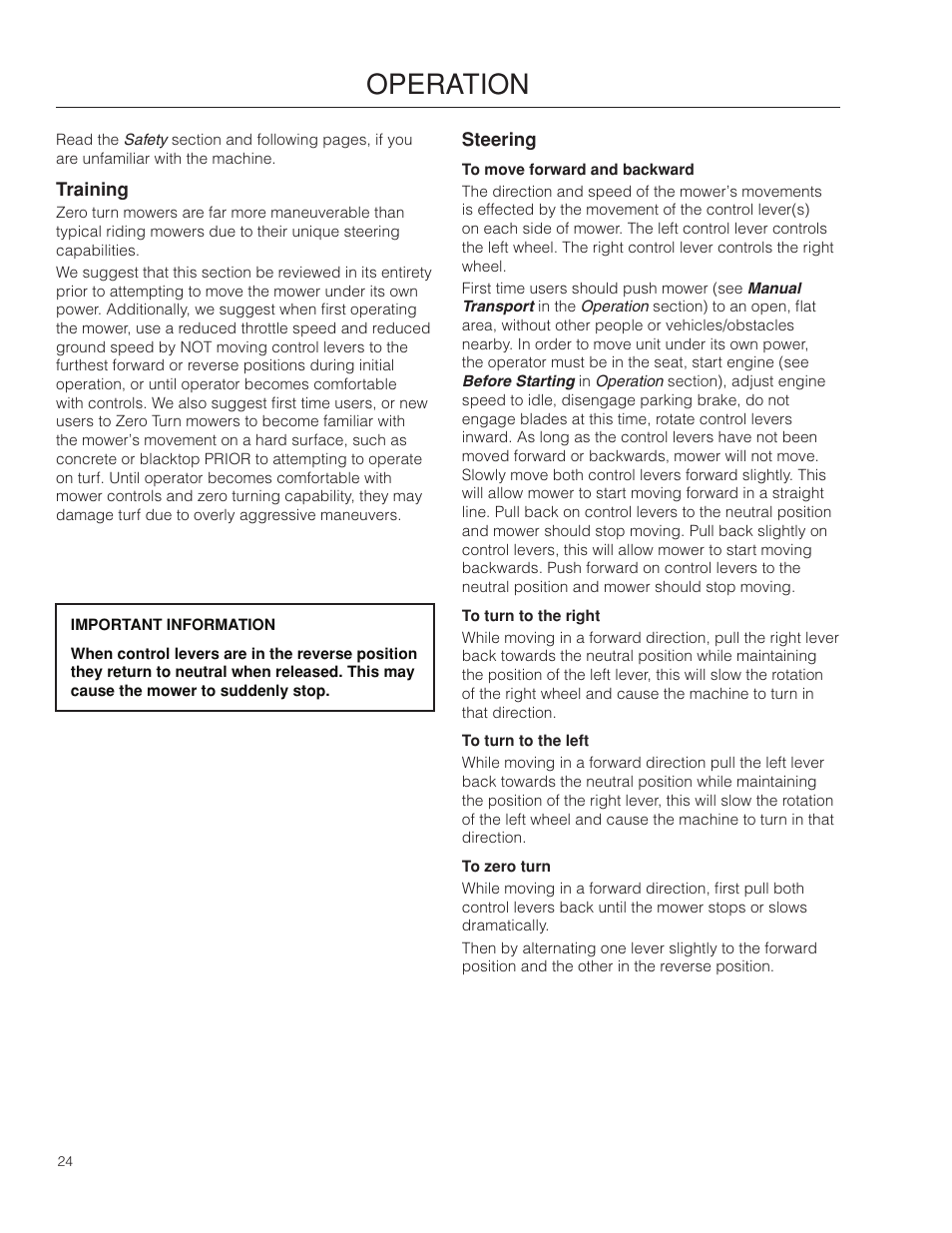 Operation, Training, Steering | Dixon Ram Ultra 966985402 User Manual | Page 24 / 64