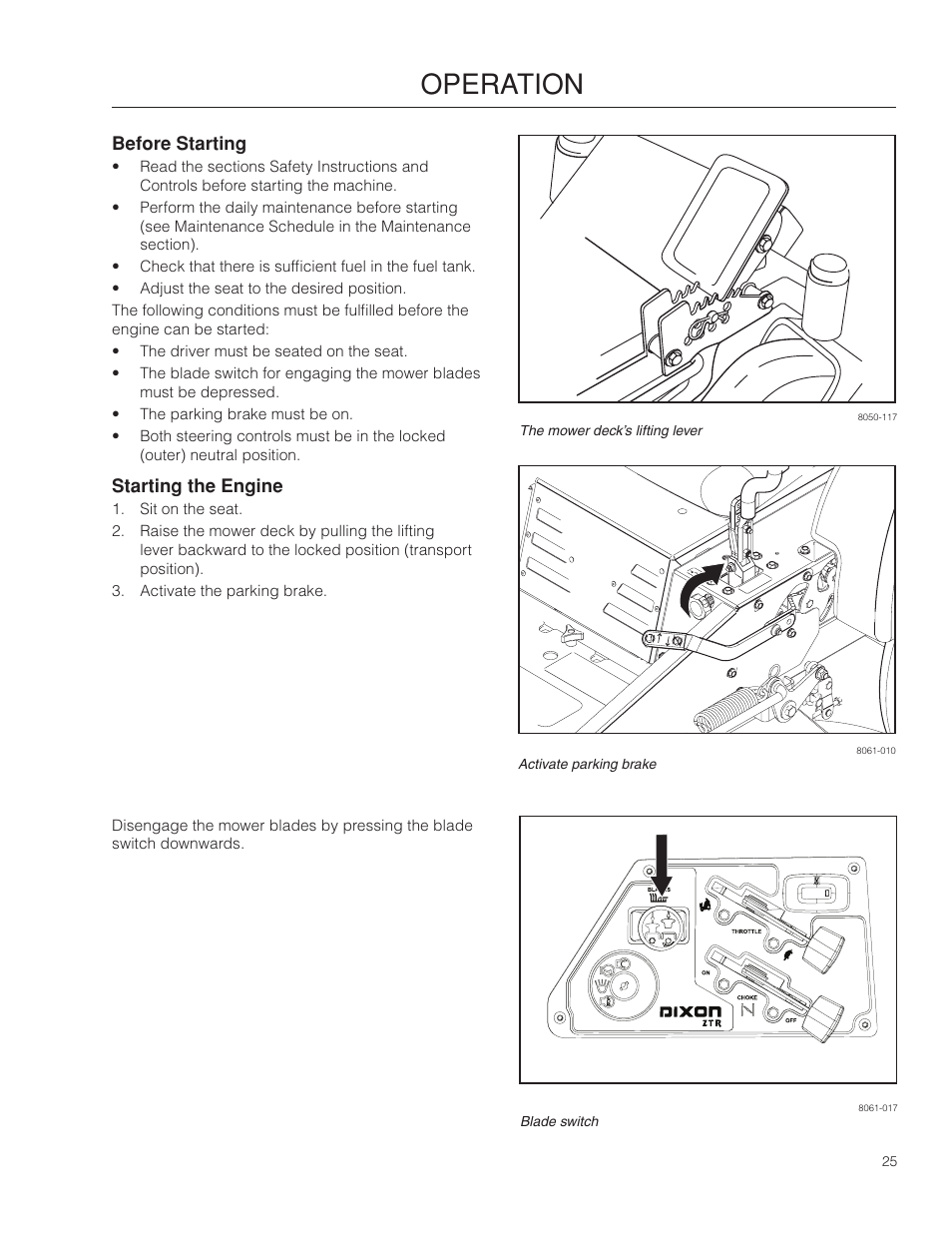 Before starting, Starting the engine, Operation | Dixon Ram Ultra 966985402 User Manual | Page 25 / 64