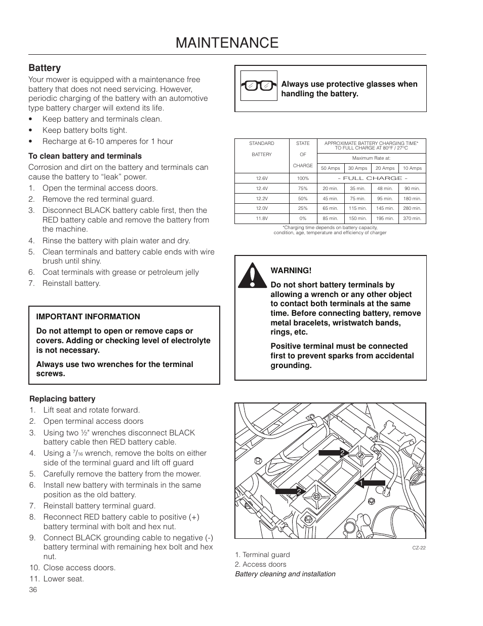 Battery, Maintenance | Dixon Ram Ultra 966985402 User Manual | Page 36 / 64