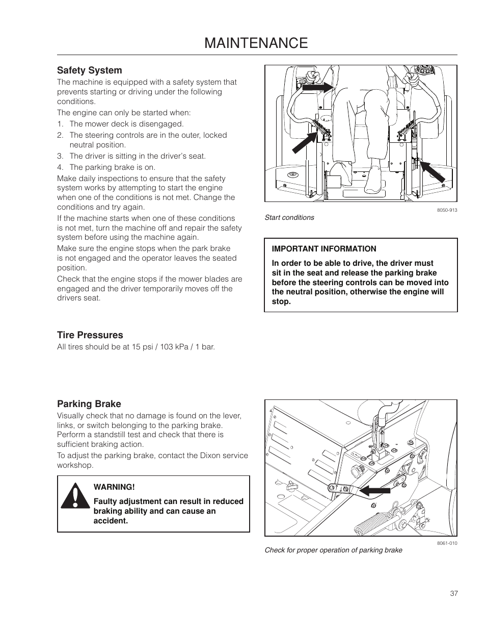 Safety system, Tire pressures, Parking brake | Maintenance | Dixon Ram Ultra 966985402 User Manual | Page 37 / 64