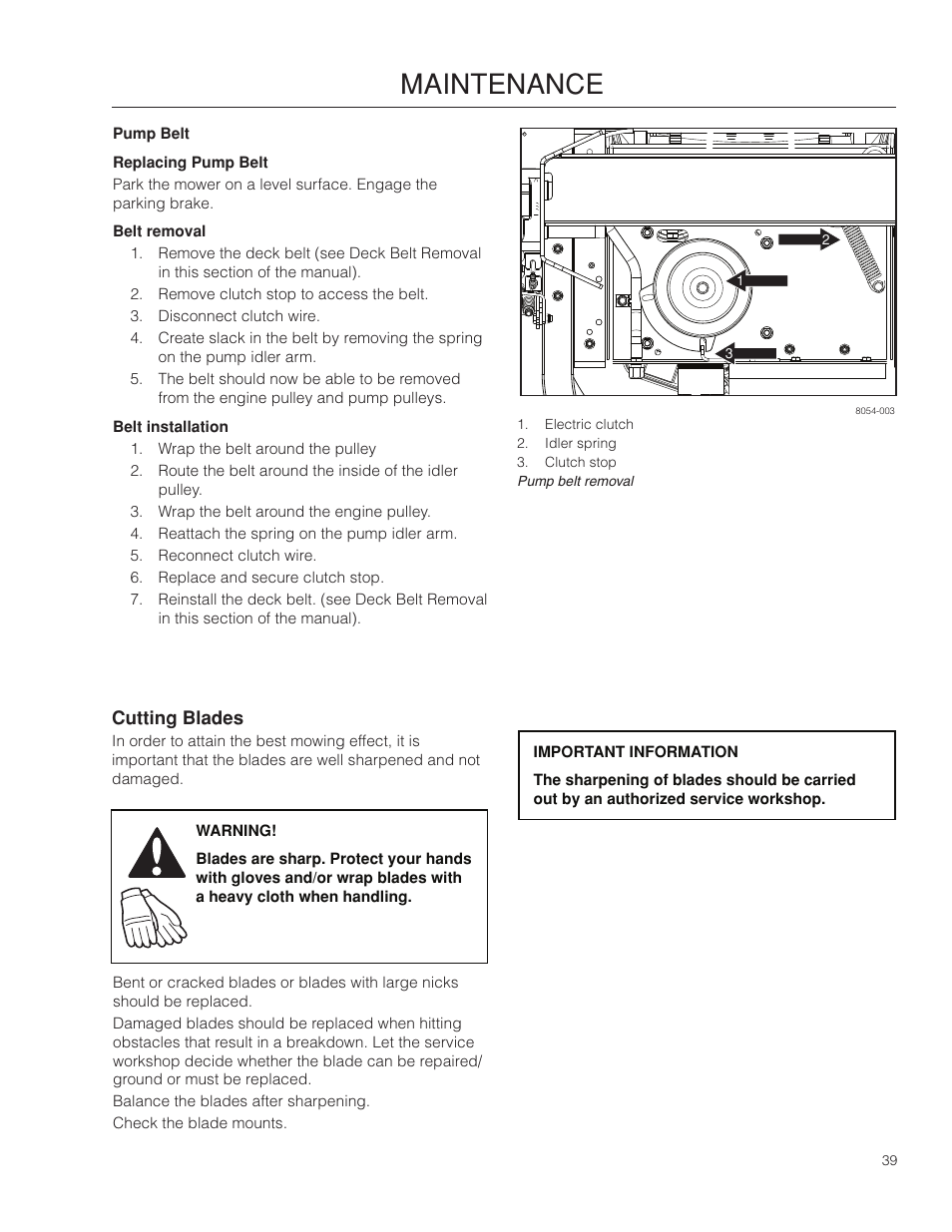 Pump belt, Cutting blades, Maintenance | Dixon Ram Ultra 966985402 User Manual | Page 39 / 64