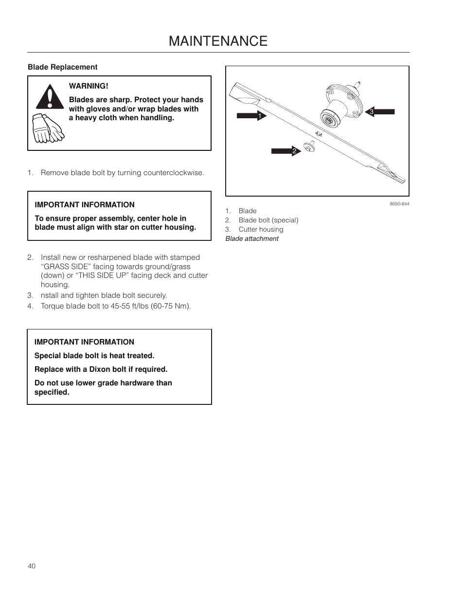 Blade replacement, Maintenance | Dixon Ram Ultra 966985402 User Manual | Page 40 / 64