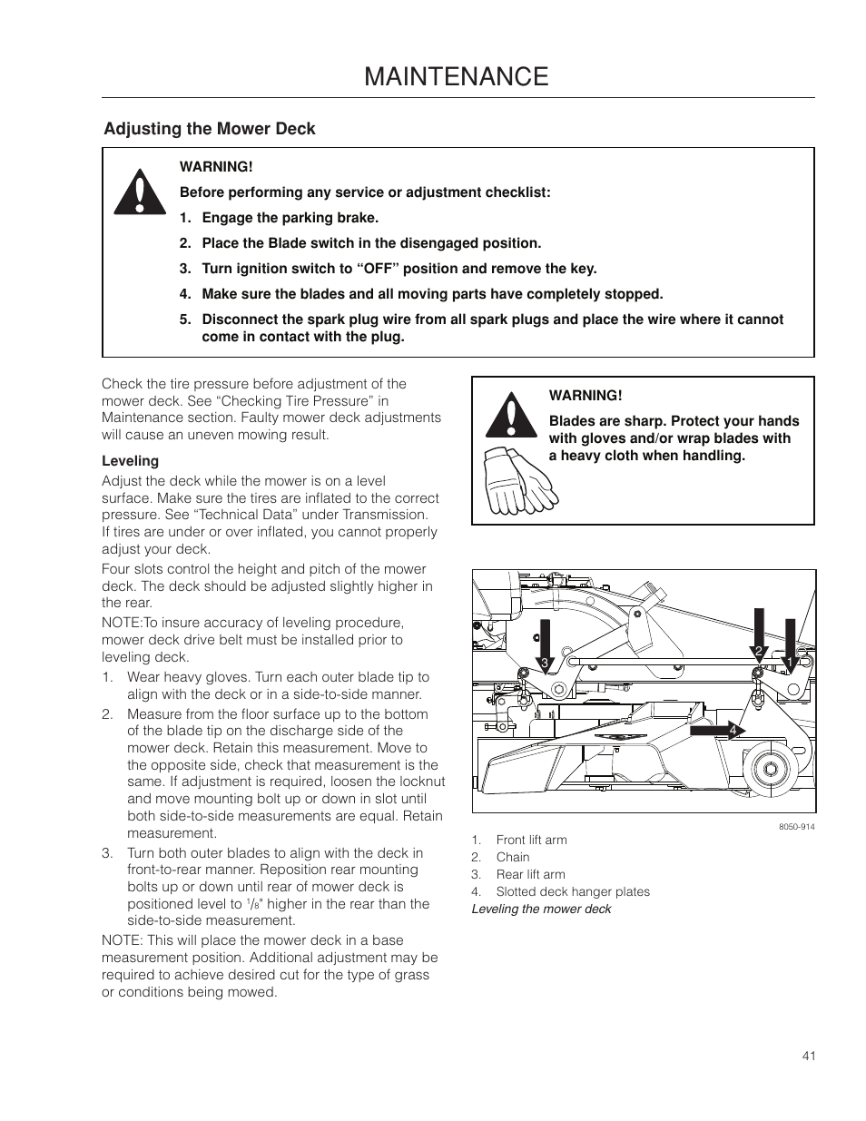 Adjusting the mower deck, Leveling, Maintenance | Dixon Ram Ultra 966985402 User Manual | Page 41 / 64