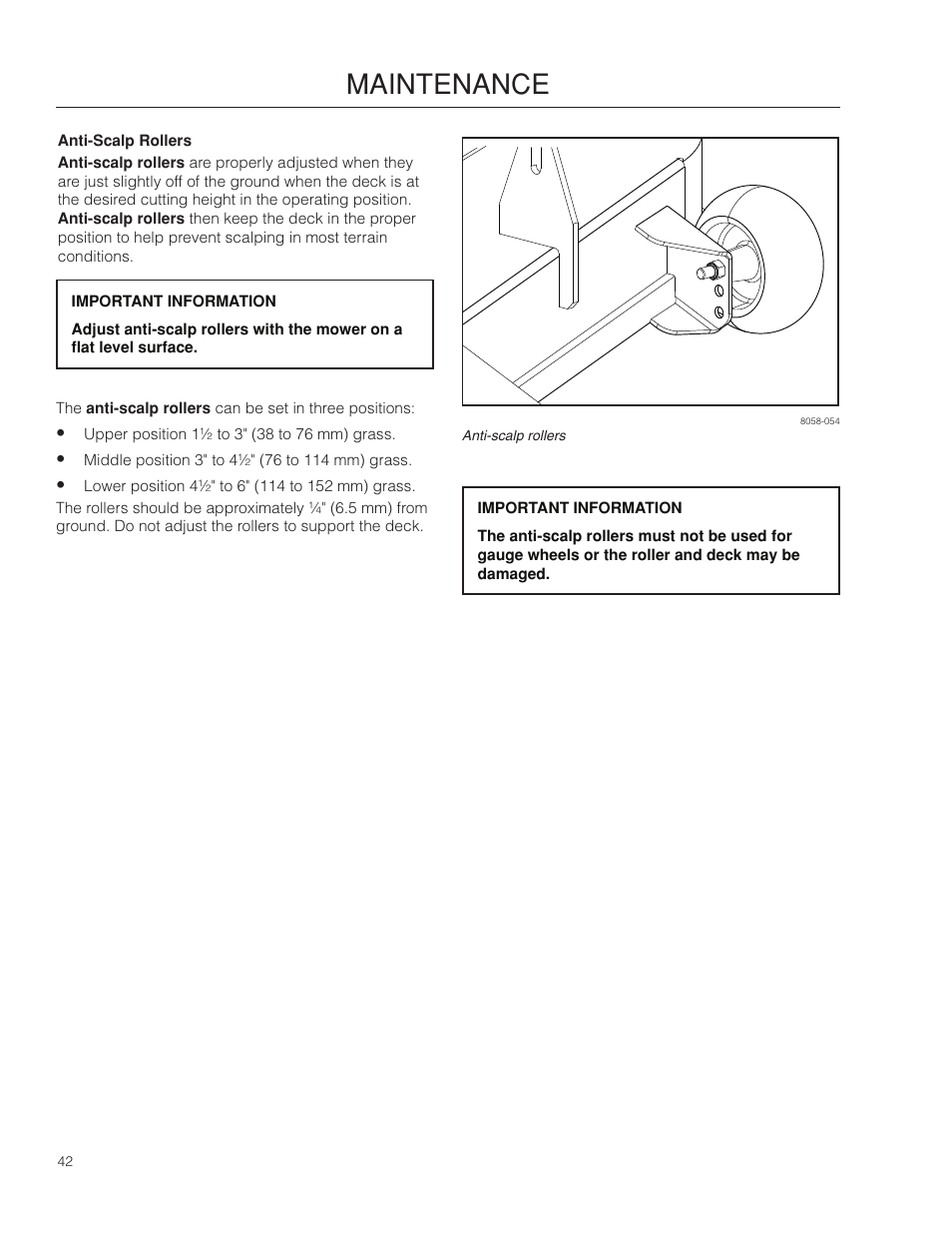 Anti-scalp rollers, Maintenance | Dixon Ram Ultra 966985402 User Manual | Page 42 / 64