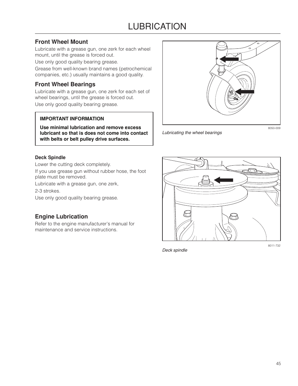 Front wheel mount, Front wheel bearings, Deck spindle | Engine lubrication, Lubrication | Dixon Ram Ultra 966985402 User Manual | Page 45 / 64