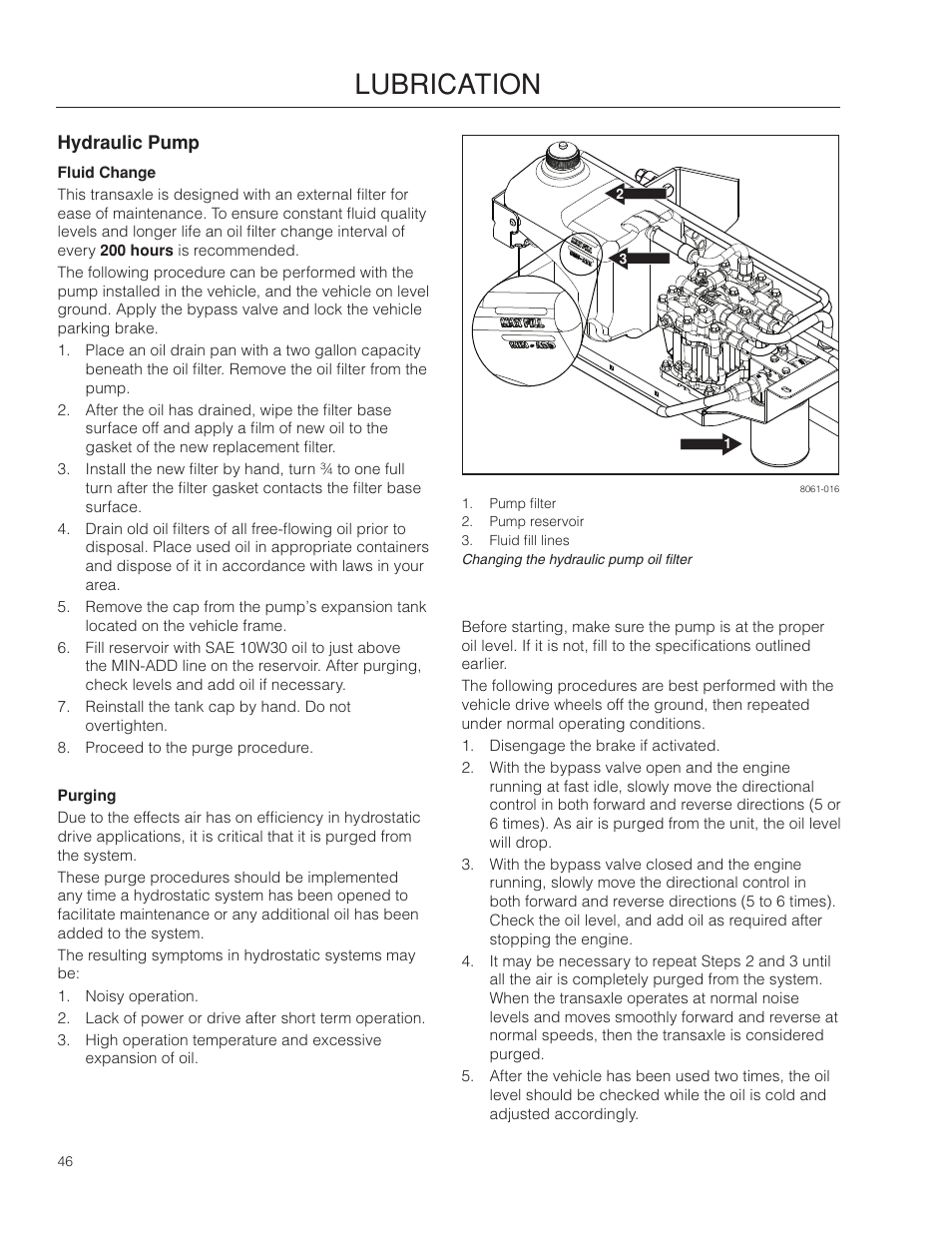 Hydraulic pump, Fluid change, Purging | Lubrication | Dixon Ram Ultra 966985402 User Manual | Page 46 / 64