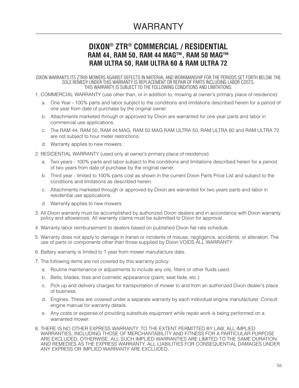 Warranty, Dixon, Commercial / residential | Dixon Ram Ultra 966985402 User Manual | Page 55 / 64