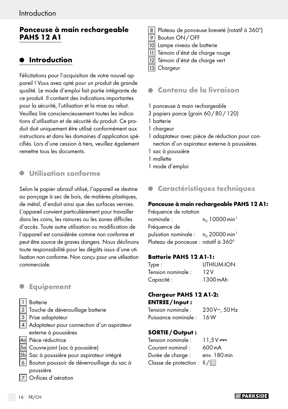 Ponceuse à main rechargeable pahs 12 a1, Introduction, Utilisation conforme | Equipement, Contenu de la livraison, Caractéristiques techniques | Parkside PAHS 12 A1 User Manual | Page 16 / 44
