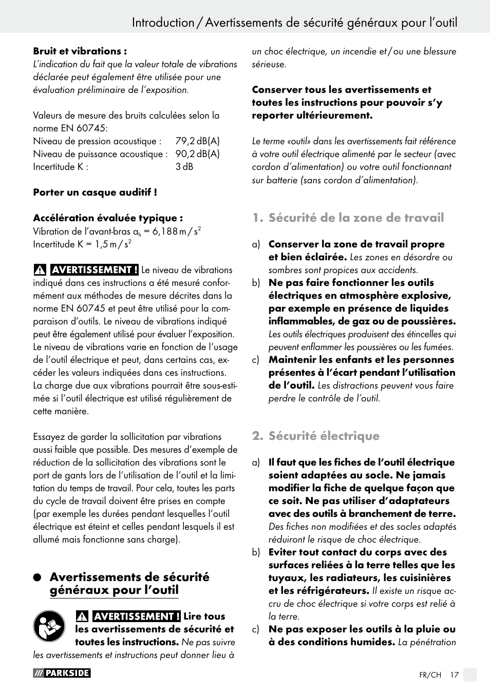 Avertissements de sécurité généraux pour l’outil, Sécurité de la zone de travail, Sécurité électrique | Parkside PAHS 12 A1 User Manual | Page 17 / 44