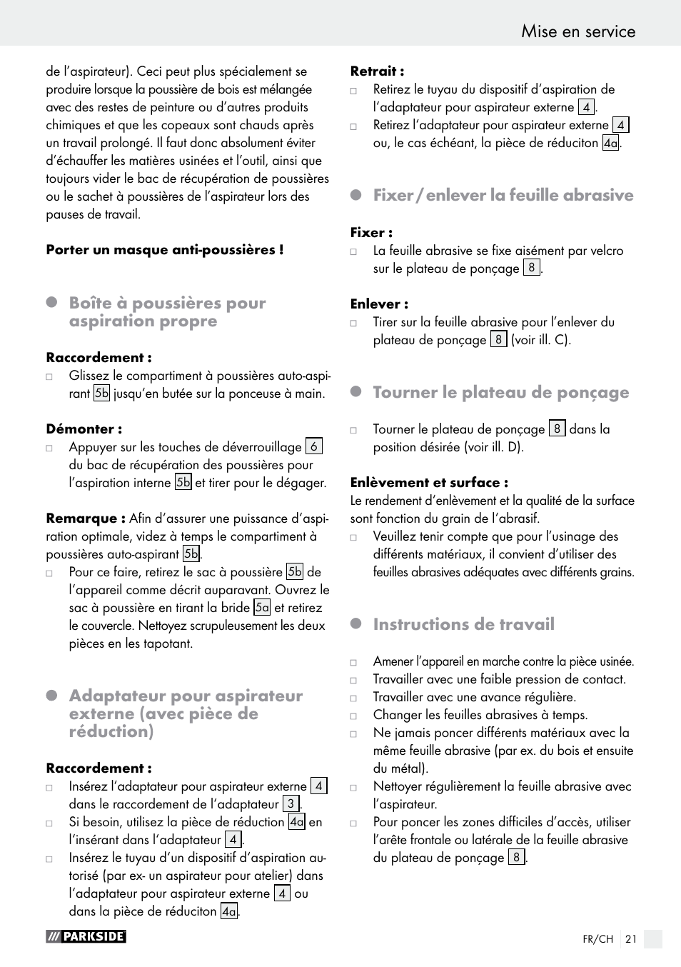 Boîte à poussières pour aspiration propre, Fixer / enlever la feuille abrasive, Tourner le plateau de ponçage | Instructions de travail | Parkside PAHS 12 A1 User Manual | Page 21 / 44