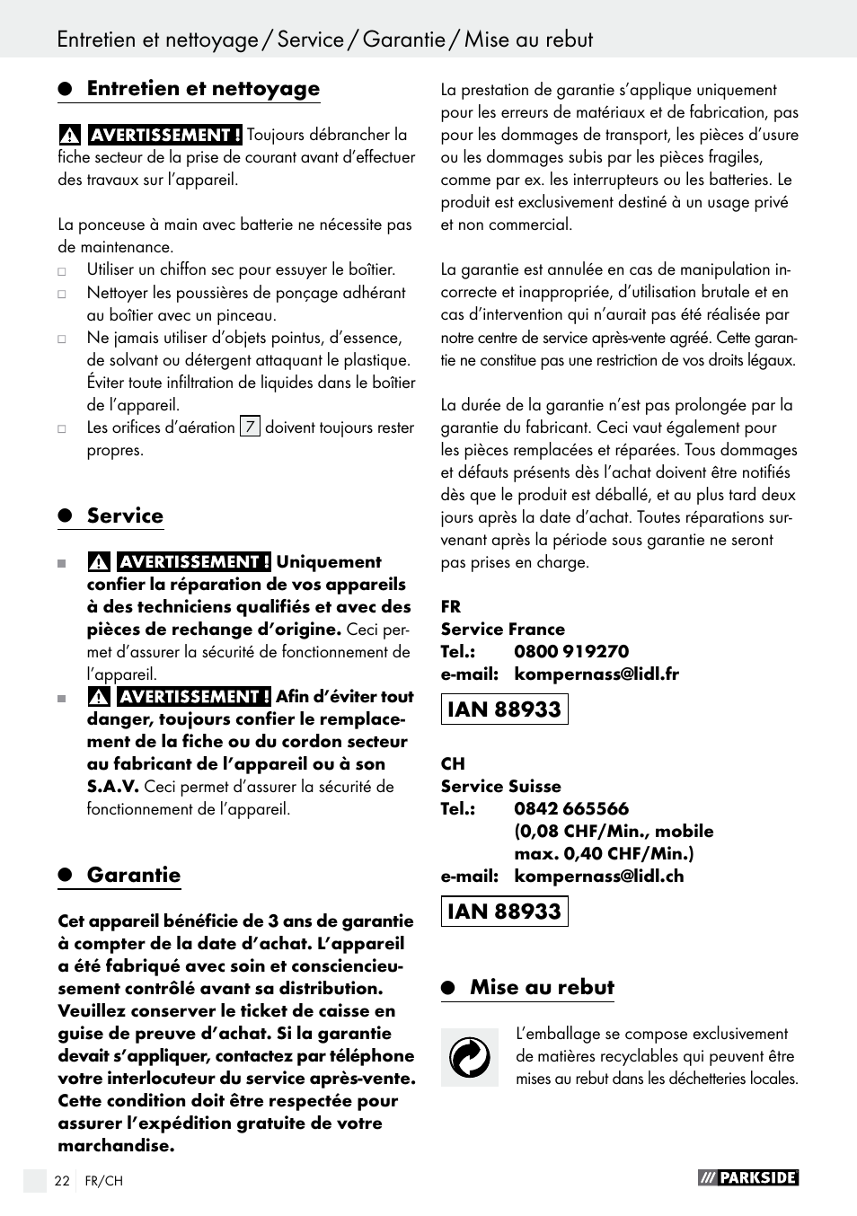 Entretien et nettoyage, Service, Garantie | Mise au rebut | Parkside PAHS 12 A1 User Manual | Page 22 / 44