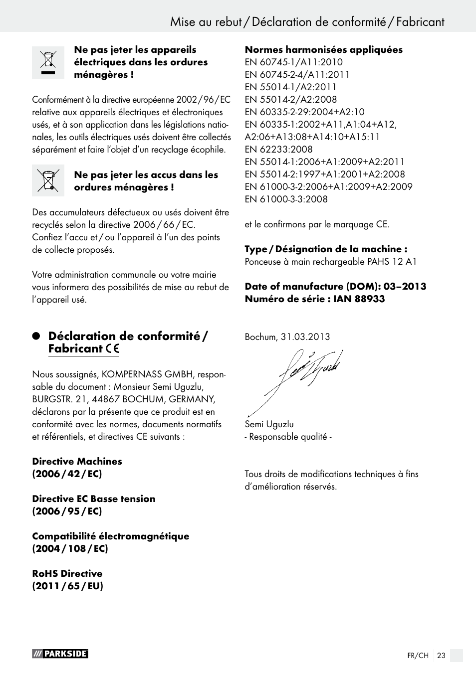 Déclaration de conformité / fabricant | Parkside PAHS 12 A1 User Manual | Page 23 / 44