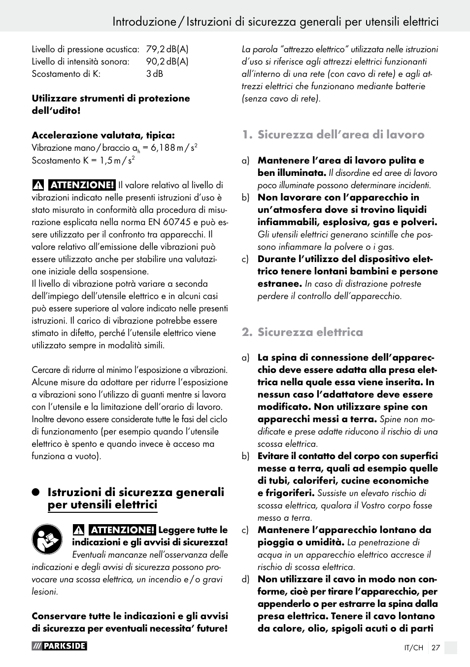 Sicurezza dell’area di lavoro, Sicurezza elettrica | Parkside PAHS 12 A1 User Manual | Page 27 / 44
