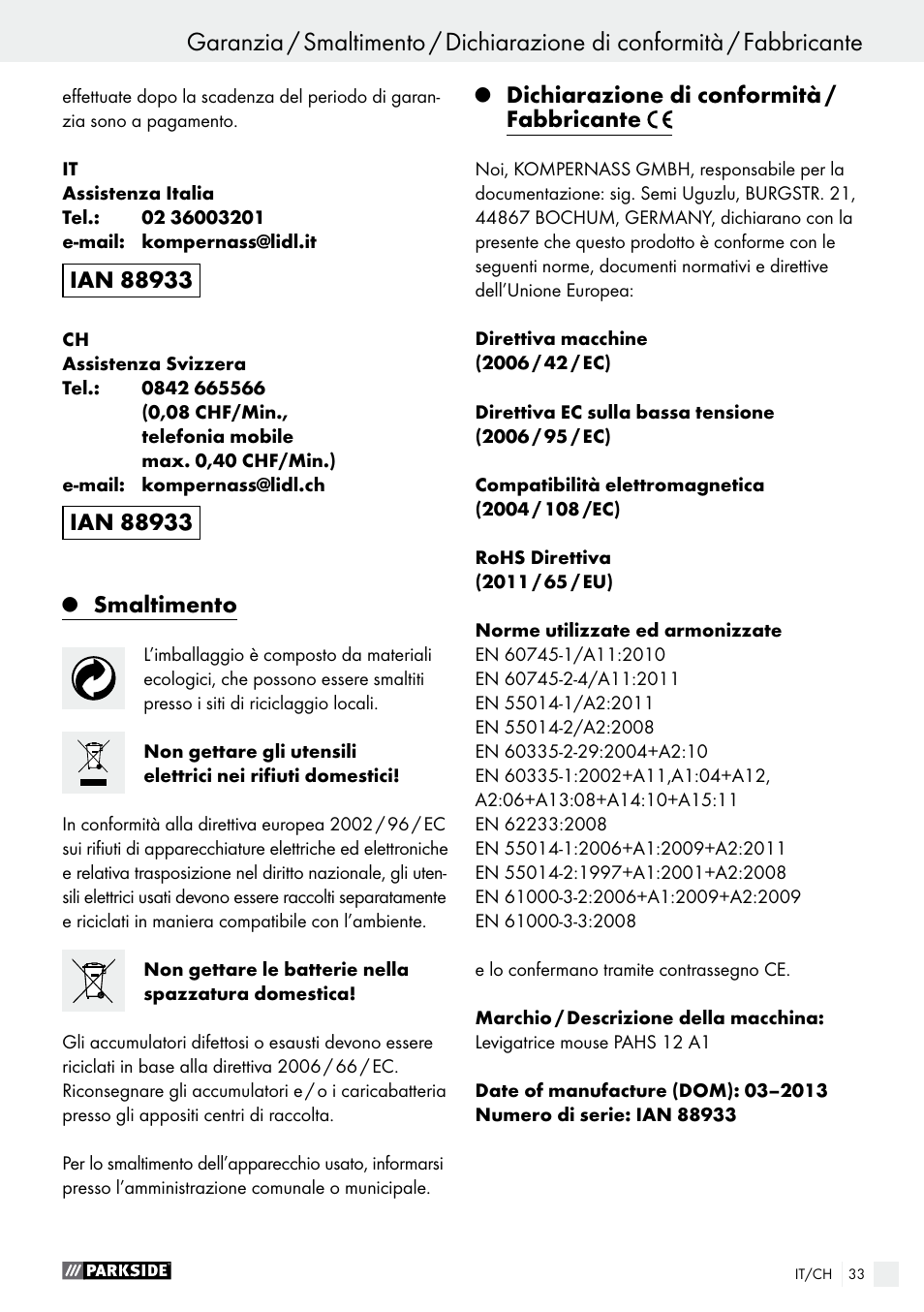 Smaltimento, Dichiarazione di conformità / fabbricante | Parkside PAHS 12 A1 User Manual | Page 33 / 44