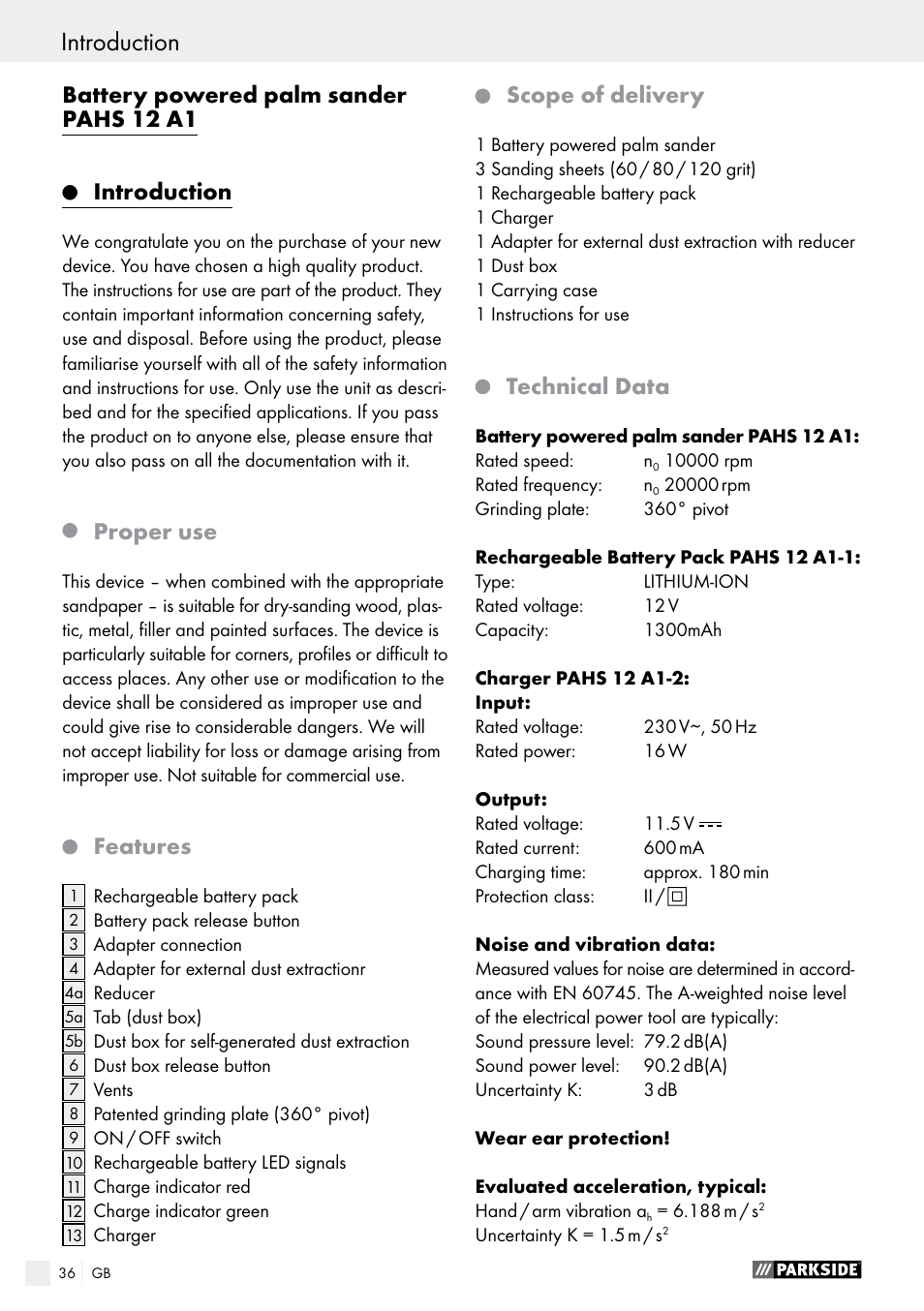 Battery powered palm sander pahs 12 a1, Introduction, Proper use | Features, Scope of delivery, Technical data | Parkside PAHS 12 A1 User Manual | Page 36 / 44