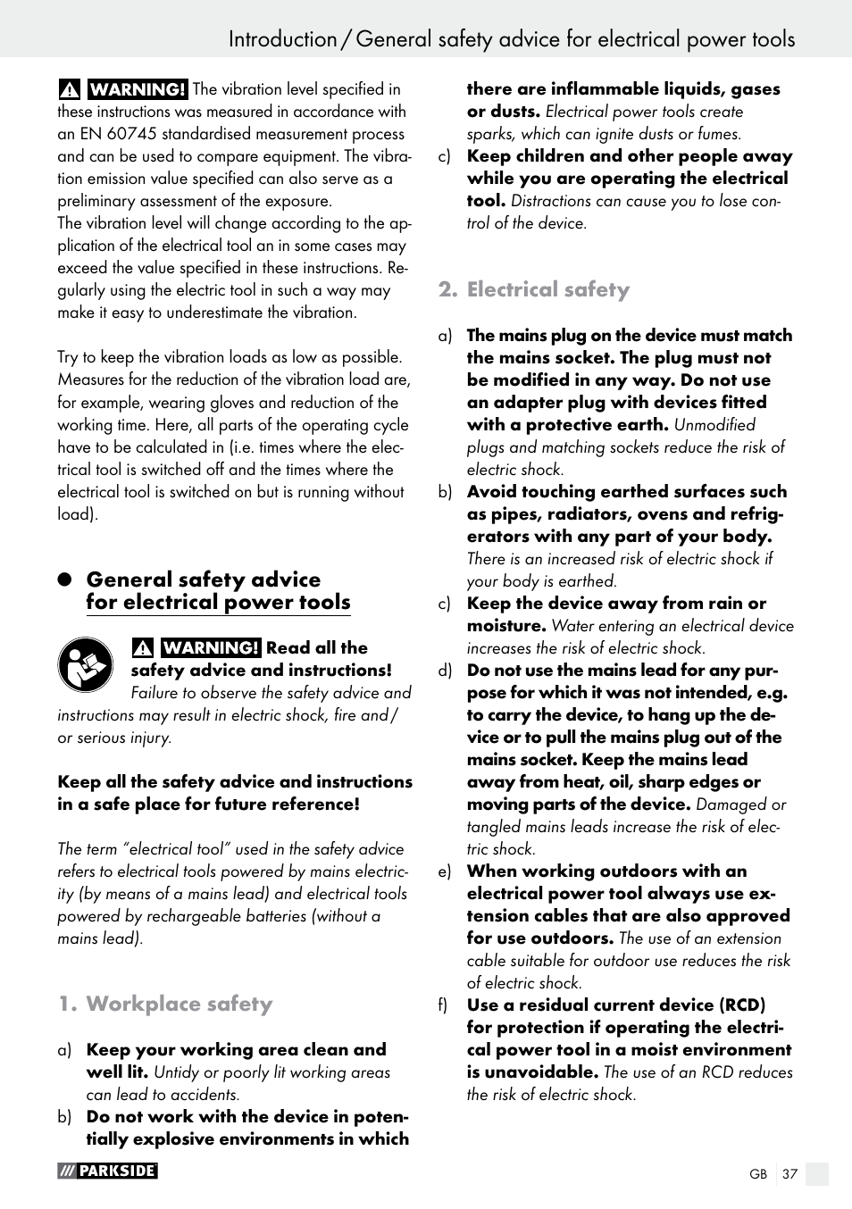 Introduction, General safety advice for electrical power tools, Workplace safety | Electrical safety | Parkside PAHS 12 A1 User Manual | Page 37 / 44