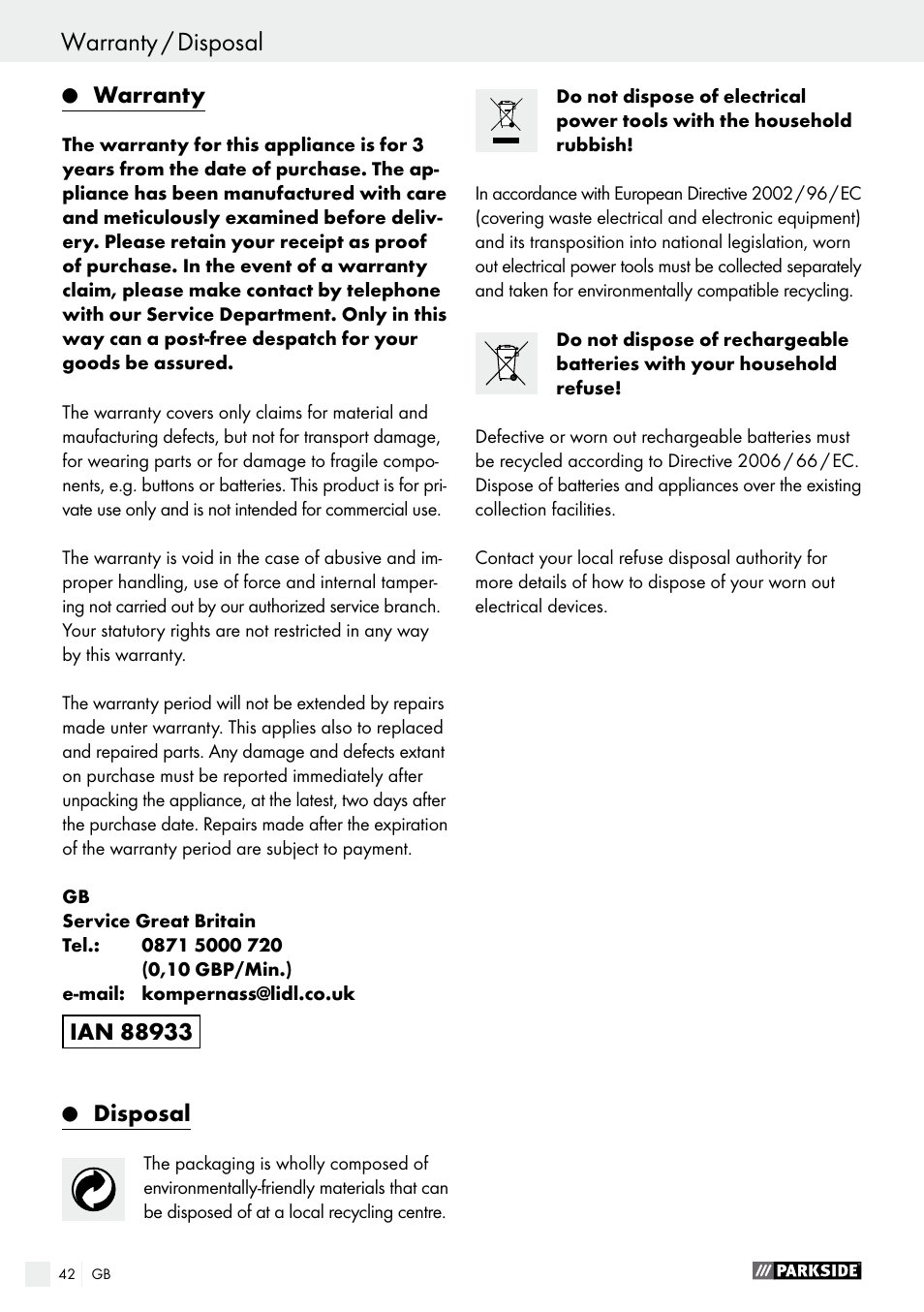 Warranty, Disposal | Parkside PAHS 12 A1 User Manual | Page 42 / 44