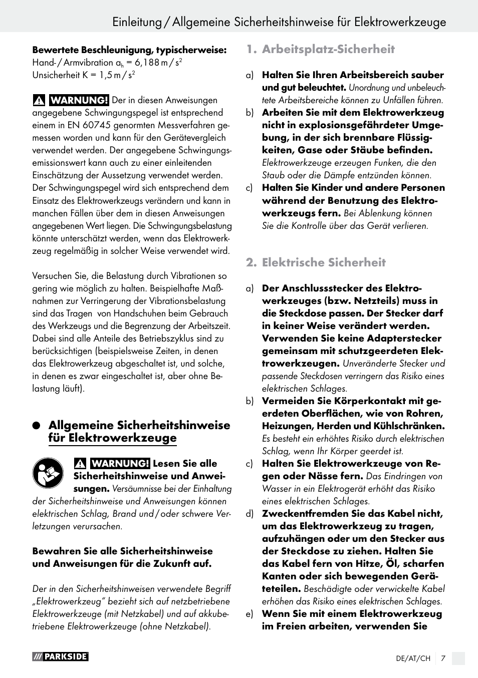 Arbeitsplatz-sicherheit, Elektrische sicherheit | Parkside PAHS 12 A1 User Manual | Page 7 / 44