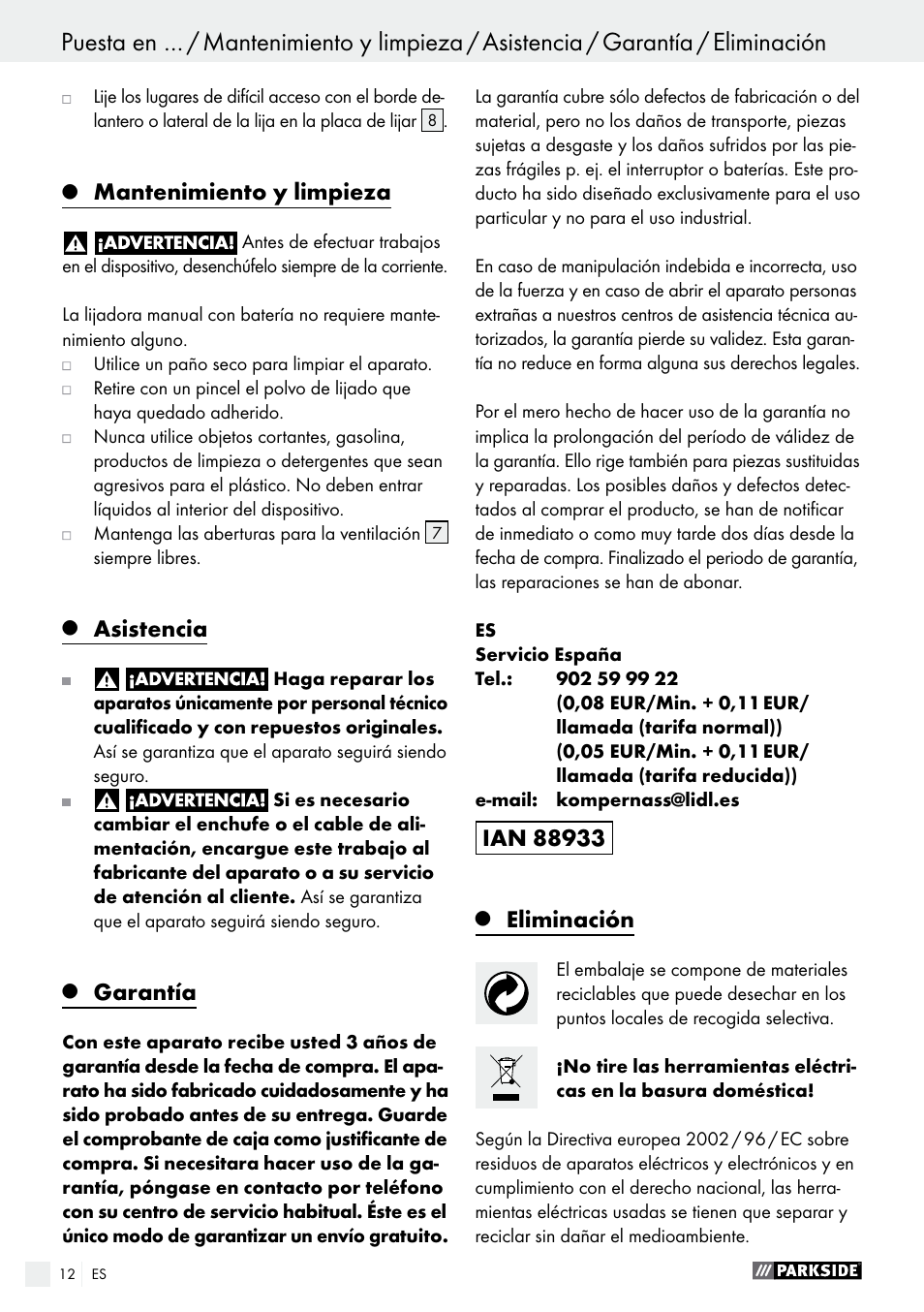 Mantenimiento y limpieza, Asistencia, Garantía | Eliminación | Parkside PAHS 12 A1 User Manual | Page 12 / 44