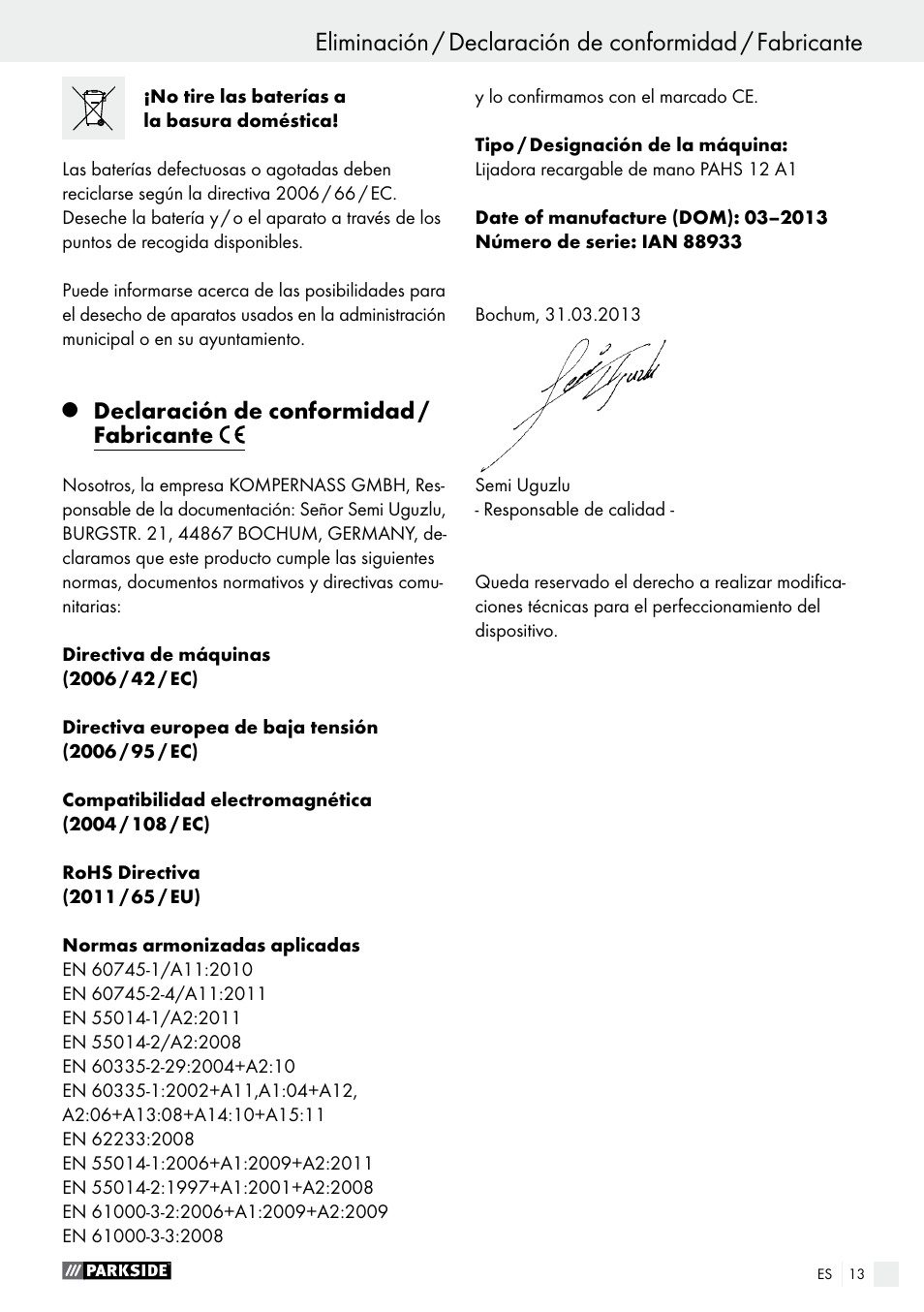 Declaración de conformidad / fabricante | Parkside PAHS 12 A1 User Manual | Page 13 / 44