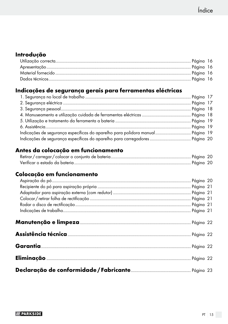 Índice | Parkside PAHS 12 A1 User Manual | Page 15 / 44
