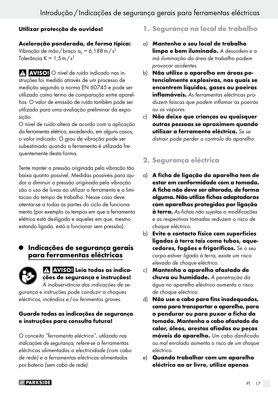 Segurança no local de trabalho, Segurança eléctrica | Parkside PAHS 12 A1 User Manual | Page 17 / 44