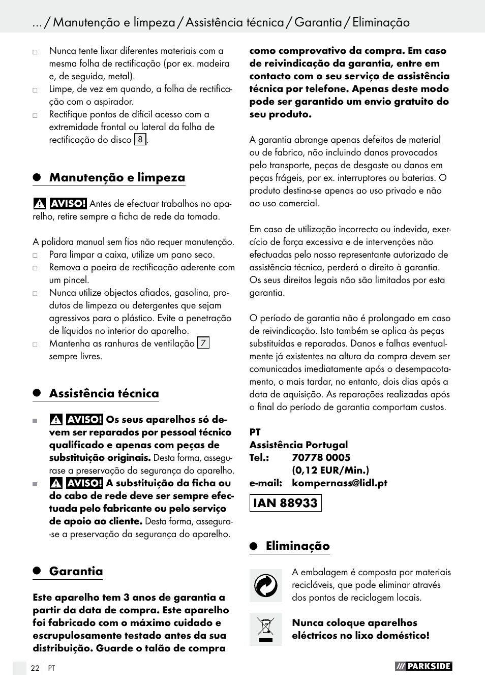 Manutenção e limpeza, Assistência técnica, Garantia | Eliminação | Parkside PAHS 12 A1 User Manual | Page 22 / 44